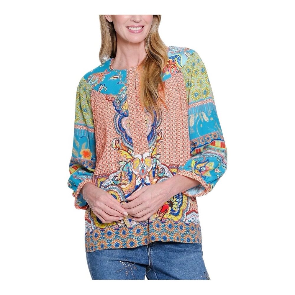 John Mark Mixed Print Peasant Top Multi Large Boh… - image 1